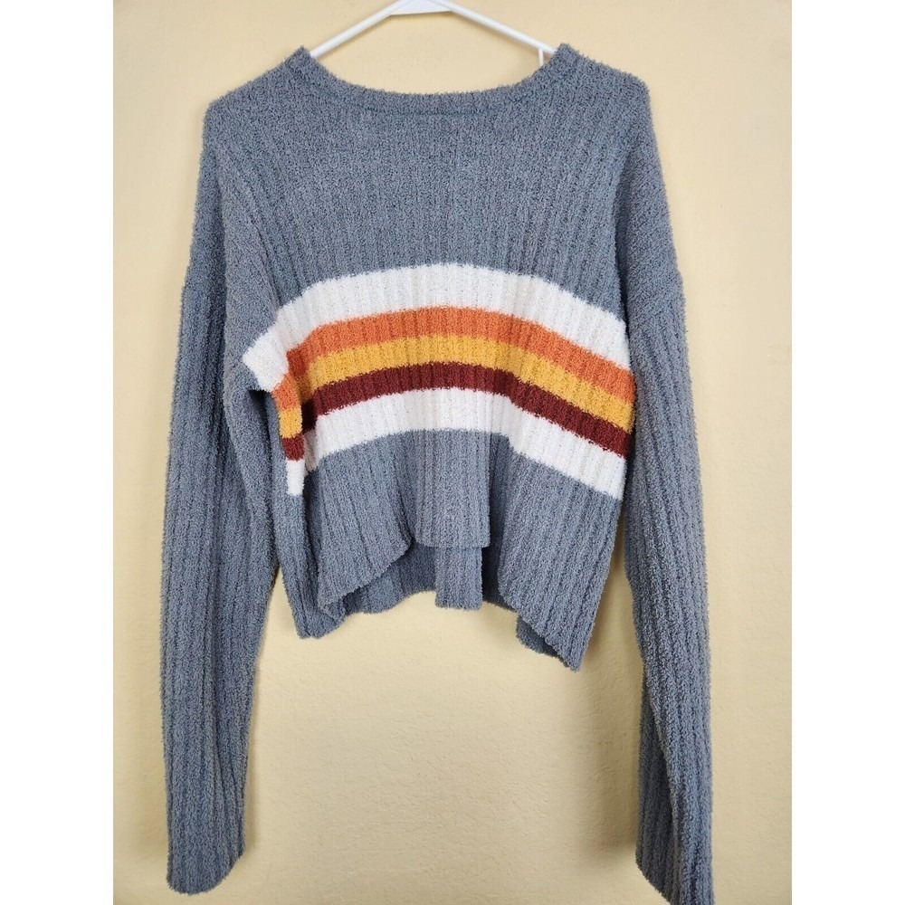 Freshman Striped‎ Sweater Women's Medium Gray Orange Crew Neck Cropped Pullover